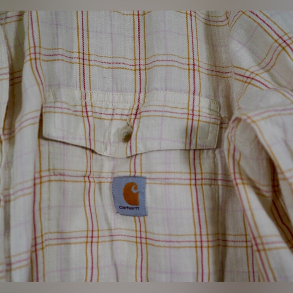 Carhartt Loose Fit Button Shirt Womens XL Cream Plaid Front Pockets Super Soft - Picture 2 of 5
